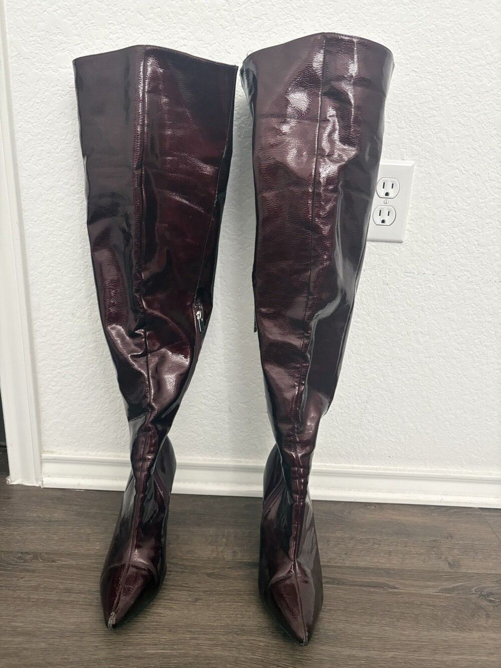 Size 10 Faux Leather Burgundy Over-the-Knee Pointed Zip Boots